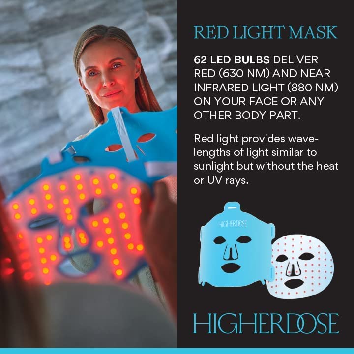 HigherDOSE Red Light Therapy Face Mask - Reduce Fine Lines and Wrinkles - Rejuvenates Skin and Enhances Natural Glow