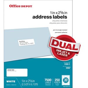 office depot white inkjet/laser address labels, 1in. x 2 5/8in., box of 7,500, 505-o004-0005