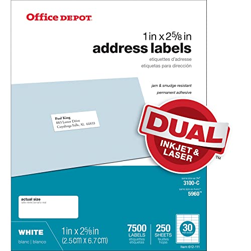 Office Depot White Inkjet/Laser Address Labels, 1in. x 2 5/8in., Box Of 7,500, 505-O004-0005