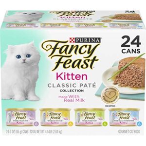 purina fancy feast grain free pate wet kitten food variety pack, kitten classic pate collection, 4 flavors – (24) 3 oz. boxes