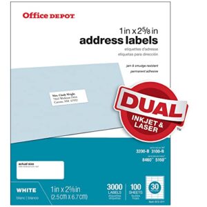office depot white inkjet/laser address labels, 1in. x 2 5/8in., box of 3,000, 505-o004-0004