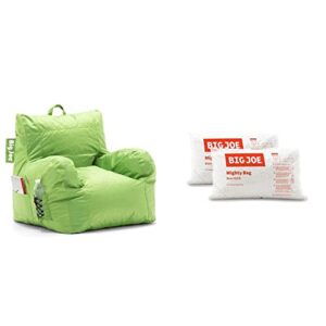 big joe dorm bean bag chair with drink holder and pocket, spicy lime smartmax, 3ft & bean refill 2pk polystyrene beans for bean bags or crafts, 100 liters per bag