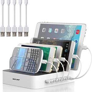 Charging Station for Multiple Devices, MSTJRY 5 Port Multi USB Charger Station with Power Switch Designed for iPhone iPad Cell Phone Tablets (White, 6 Mixed Short Cables Included)