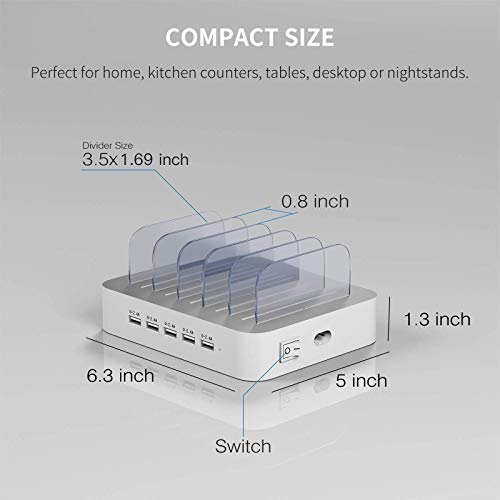 Charging Station for Multiple Devices, MSTJRY 5 Port Multi USB Charger Station with Power Switch Designed for iPhone iPad Cell Phone Tablets (White, 6 Mixed Short Cables Included)