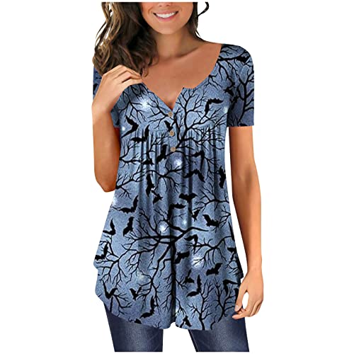 Womens Halloween Tunic Tops for Leggings Short Sleeve Botton Up Blouses Ruched Printed Clothes Casual Fashion T Shirts blue XX-Large