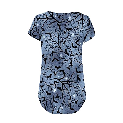 Womens Halloween Tunic Tops for Leggings Short Sleeve Botton Up Blouses Ruched Printed Clothes Casual Fashion T Shirts blue XX-Large