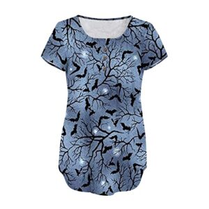 Womens Halloween Tunic Tops for Leggings Short Sleeve Botton Up Blouses Ruched Printed Clothes Casual Fashion T Shirts blue XX-Large