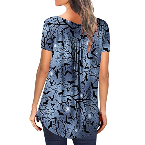 Womens Halloween Tunic Tops for Leggings Short Sleeve Botton Up Blouses Ruched Printed Clothes Casual Fashion T Shirts blue XX-Large