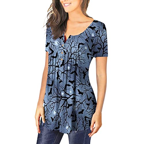 Womens Halloween Tunic Tops for Leggings Short Sleeve Botton Up Blouses Ruched Printed Clothes Casual Fashion T Shirts blue XX-Large