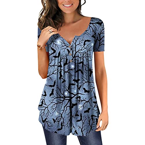 Womens Halloween Tunic Tops for Leggings Short Sleeve Botton Up Blouses Ruched Printed Clothes Casual Fashion T Shirts blue XX-Large