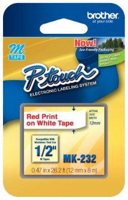 1/2" (12mm) Red on White P-Touch M Tape for Brother PT-45, PT45 Label Maker