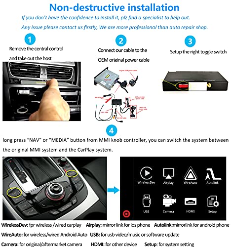 Road Top Wireless Carplay Android Auto Module Receiver Box for Audi S4 S5 A4 A5 (2009-2015 Year) for Q5 (2009-2017 Year) with 2GMMI, Carplay Retrofit Kit Decoder, Support Mirrorlink, Camera