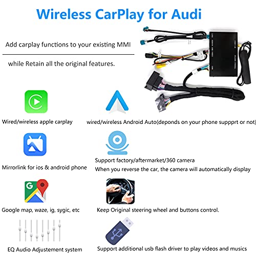 Road Top Wireless Carplay Android Auto Module Receiver Box for Audi S4 S5 A4 A5 (2009-2015 Year) for Q5 (2009-2017 Year) with 2GMMI, Carplay Retrofit Kit Decoder, Support Mirrorlink, Camera