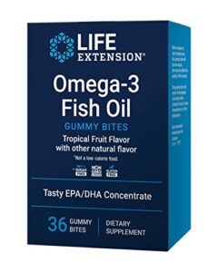 life extension omega-3 fish oil gummy bites, epa dha fatty acids, high-dose epa dha support in a delicious chewable form, non-gmo, gluten free, 36 gummy bites