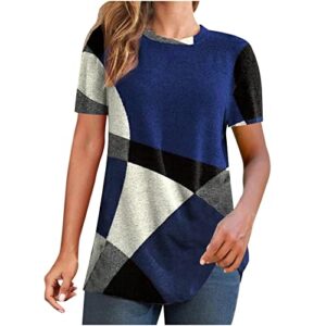 color block short sleeve tops for women casual loose fit 2023 summer tshirts soft cmofy crewneck top shirts tees blue