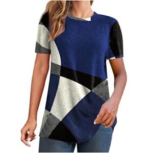 Color Block Short Sleeve Tops for Women Casual Loose Fit 2023 Summer Tshirts Soft Cmofy Crewneck Top Shirts Tees Blue