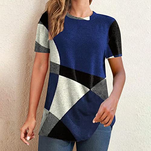 Color Block Short Sleeve Tops for Women Casual Loose Fit 2023 Summer Tshirts Soft Cmofy Crewneck Top Shirts Tees Blue