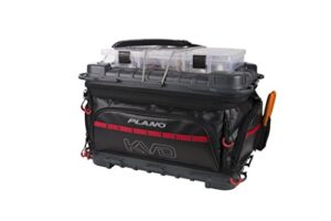 plano tackle storage, kvd signature series 3700 size tackle bag, includes 5 stowaway tackle storage boxes, no-slip molded bottom design, premium tackle storage, black/grey/red (plab37700)
