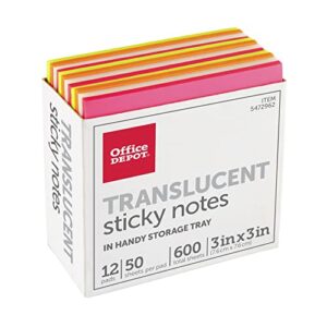 Office Depot® Brand Translucent Sticky Notes, With Storage Tray, 3" x 3", Assorted Colors, 50 Notes Per Pad, Pack Of 12