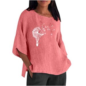 summer women cotton linen tshirt tops trendy 3/4 sleeve casual dandelion tunic tees side slit comfy soft flowy blouses pink