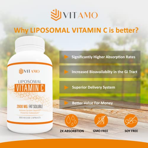 Liposomal Vitamin C 2000mg | NSF Certified | 300 Capsules Immune Support & Collagen Booster | High Absorption Ascorbic Acid, High Dose Vitamin c, Zero Soy, 100% Non–GMO