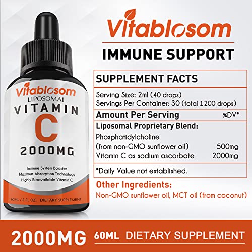 Liposomal Vitamin C 2000mg Liquid for Adults, High Absorption VIT C, Higher Bioavailability, Good for Immune System & Antioxidant, 60ML (2 Bottle)