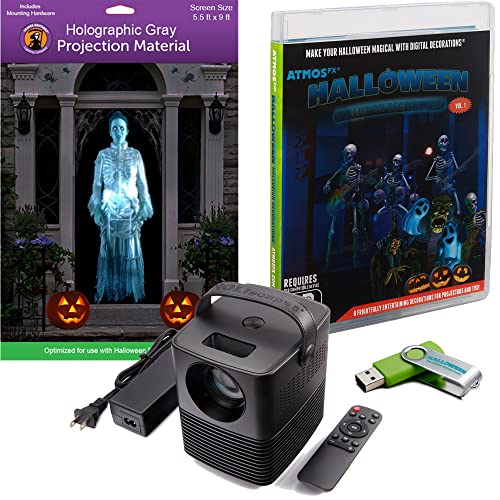 Reaper Brothers Halloween Hollusion Digital Decoration Kit Includes 8 AtmosFX Video Effects for Halloween Plus HD Super Bright Projector and 5.5' x 9' Holographic Projection Screen