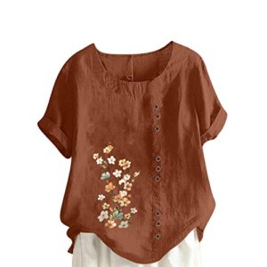 summer women cotton linen t-shirt casual floral pattern blouses tops short sleeve crewneck loose tunic comfy soft tees coffee