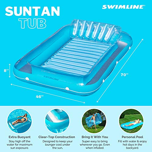 SWIMLINE Original Suntan Tub Classic Edition Inflatable Floating Lounger Blue | Personal Tanning Pool Hybrid Lounge | Comfort Pillow | Fill with Water | for Kids & Adults | Reflective Tanning Design