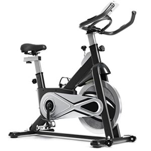 goplus exercise bike, indoor cycling workout stationary bike with adjustable fitness saddle, lcd monitor & phone holder, belt drive fitness bike for gym home cardio training