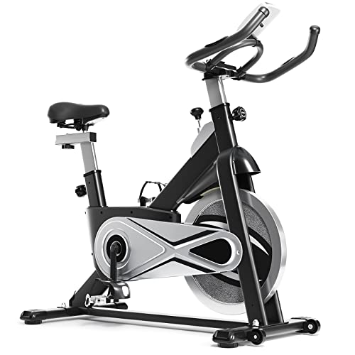 Goplus Exercise Bike, Indoor Cycling Workout Stationary Bike with Adjustable Fitness Saddle, LCD Monitor & Phone Holder, Belt Drive Fitness Bike for Gym Home Cardio Training