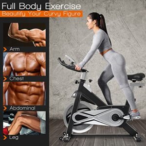 Goplus Exercise Bike, Indoor Cycling Workout Stationary Bike with Adjustable Fitness Saddle, LCD Monitor & Phone Holder, Belt Drive Fitness Bike for Gym Home Cardio Training