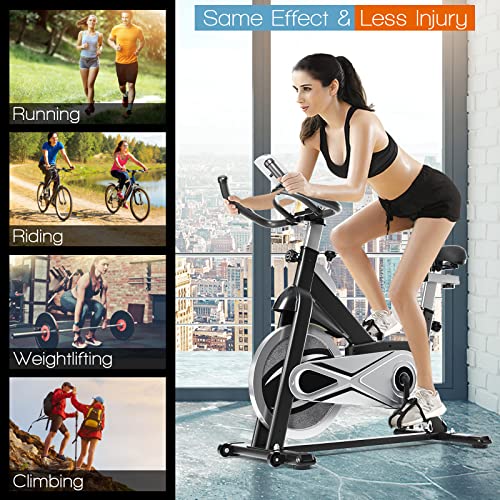 Goplus Exercise Bike, Indoor Cycling Workout Stationary Bike with Adjustable Fitness Saddle, LCD Monitor & Phone Holder, Belt Drive Fitness Bike for Gym Home Cardio Training