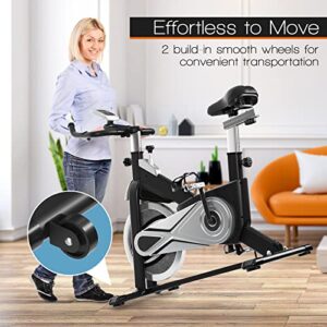 Goplus Exercise Bike, Indoor Cycling Workout Stationary Bike with Adjustable Fitness Saddle, LCD Monitor & Phone Holder, Belt Drive Fitness Bike for Gym Home Cardio Training