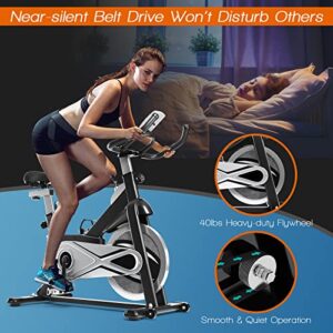 Goplus Exercise Bike, Indoor Cycling Workout Stationary Bike with Adjustable Fitness Saddle, LCD Monitor & Phone Holder, Belt Drive Fitness Bike for Gym Home Cardio Training