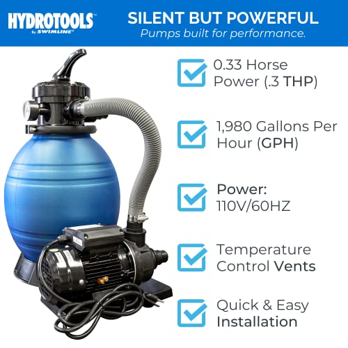 Swimline HYDROTOOLS 71225HCK 12 Inch Sand Filter Combo with Connection Kit for Soft Sided Pools | Compatible with Intex Bestway Polygroup | 0.33 HP (0.3 THP) Pump 1980 GPH | 42 Pound Sand Capacity