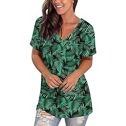 Caimill shop Womens Tops Summer Women's V Neck Short Sleeve Graphic T Shirts Drop Tail Hem Relaxed Fit Tees Blouses Tunic Green