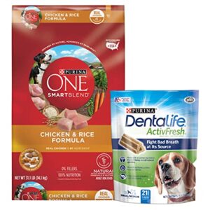 purina bundle pack adult dry dog food and treats, one chicken and rice formula with dentalife activfresh