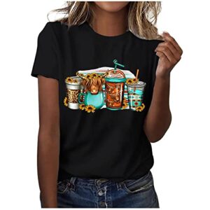 Cow Shirts for Women Cute Cattle Cowgirl T-Shirt Funny Animal Graphic Farm Life Tee Casual Short Sleeve Holiday Tops A-Black