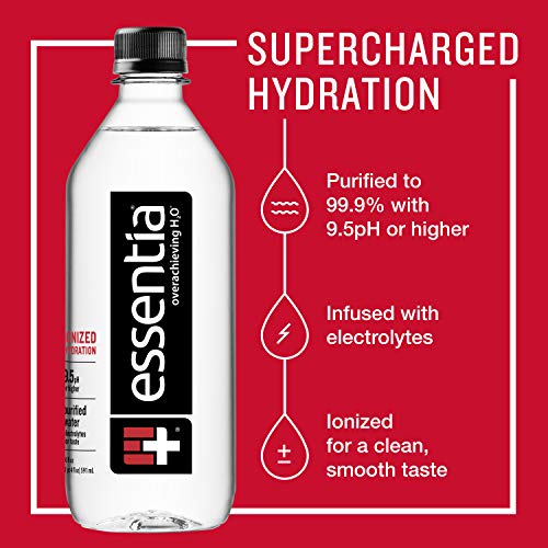 Essentia Bottled Water, Ionized Alkaline Water; 99.9% Pure, Infused with Electrolytes, 9.5 pH or Higher with a Clean, Smooth Taste, 20 Fl Oz (Pack of 24)