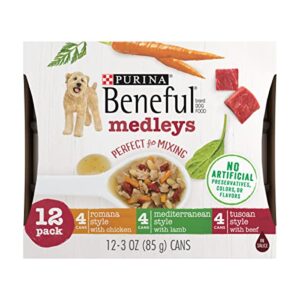 purina beneful wet dog food variety pack, medleys tuscan, romana & mediterranean style – (2 packs of 12) 3 oz. cans