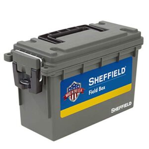 sheffield 12626 field box, plastic ammo can for pistol, rifle, and shotgun ammo, water resistant ammo box, ammo storage box w/ 3 locking options, olive drab green ammo cans, made in the u.s.a.