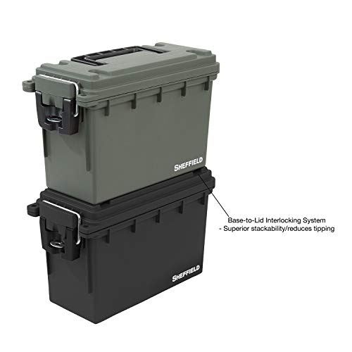 Sheffield 12626 Field Box, Plastic Ammo Can for Pistol, Rifle, and Shotgun Ammo, Water Resistant Ammo Box, Ammo Storage Box w/ 3 Locking Options, Olive Drab Green Ammo Cans, Made in The U.S.A.