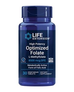 life extension high potency optimized folate, 8500 mcg – l-methylfolate for brain & heart health – active form of 5-mthf supplement – gluten-free, non-gmo, vegetarian – 30 count