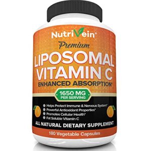 nutrivein liposomal vitamin c 1650mg – 180 capsules – high absorption ascorbic acid – supports immune system & collagen booster – powerful antioxidant