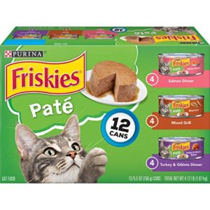 purina friskies pate wet cat food pate variety pack salmon dinner, turkey and giblets and mixed grill – (2 packs of 12) 5.5 oz. cans