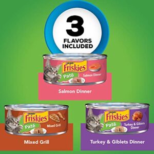 Purina Friskies Pate Wet Cat Food Pate Variety Pack Salmon Dinner, Turkey and Giblets and Mixed Grill - (2 Packs of 12) 5.5 oz. Cans