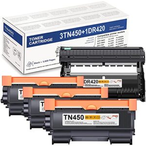 digitoner compatible dr420 tn450 toner cartridge & drum unit set replacement for brother dr-420 tn-450 black, high yield toner, 1 dr420 + 3 tn450 [1+3 pack]