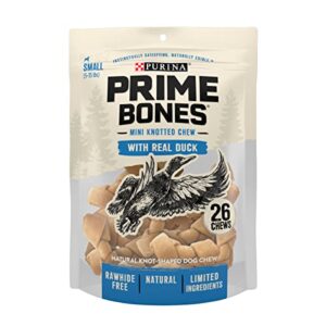 purina prime bones mini knotted chews rawhide free, natural dog treats with real duck – 26 ct. pouch