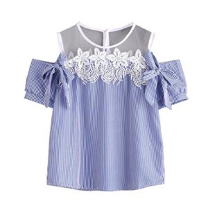 foruu 2020 warehouse product women short sleeve off shoulder lace striped blouse casual tops t-shirt chiffon summer best for mother girlfriend wife daughter wife ladies cute newest arrivals blue